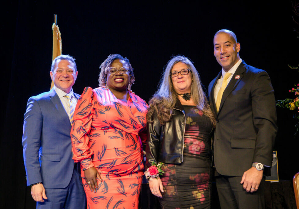 Middlesex County ESP of the Year Susan Waldron was honored by NJEA’s officers at the 2024 NJEA ESP Conference. From left: Vice President Steve Beatty, Secretary-Treasurer Petal Robertson, Susan Waldron and President Sean M. Spiller.   