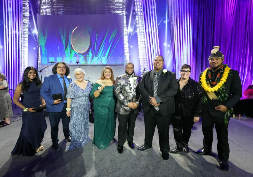 Kate Okeson with her fellow honorees at the 2024 NEA Human and Civil Rights Award Dinner. Okeson received the Virginia Uribe Memorial Award for Creative Leadership in Human Rights. She is second from right. 