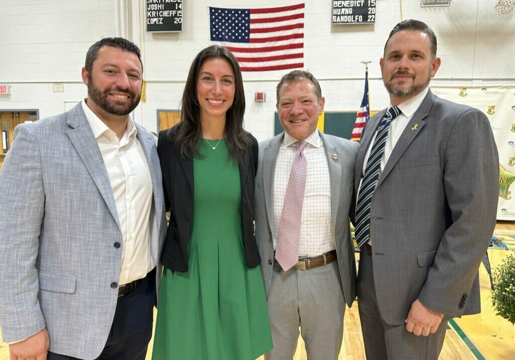 NJ State Teacher of the Year Stefanie A. Lachenauer poses wtih Montgomery Twp. EA President Michael Razzoli, NJEA Vice President Steve Beatty and Somerset County Vice President Henry Goodhue. 