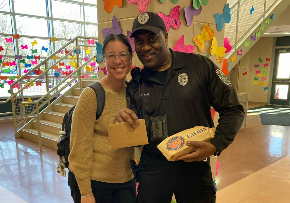 School Security Officer Marc Tyson, seen here with Edith Weinstein, was honored on National Random Acts of Kindness Day with a $25 gift card to Jersey Mikes for making a positive impact in the daily lives of many of Churchill’s students. 